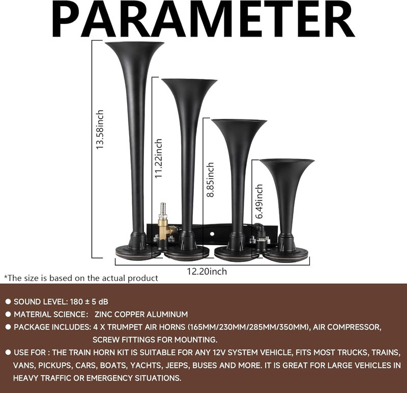 banhao Air Horn 4-Tube Train Horn Truck Air Horns 4 Trumpet Kit for Trucks 12V 180dB Super Loud with Compressor Suitable for Pickup Motorhome SUV Train Boat - Image 4